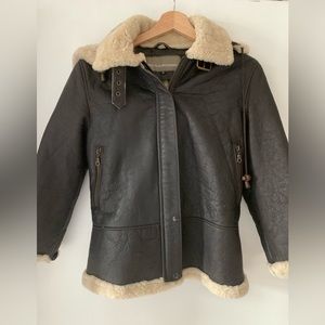 Brown sheep skin winter jacket with hoodie